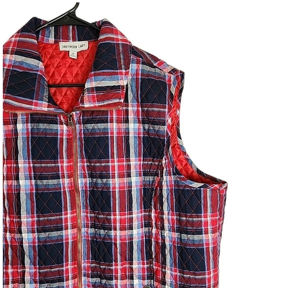 Southern Lady 2XL Quilted Vest Golf Full-Zip Red/Blue Hunter Plaid Snap Pockets